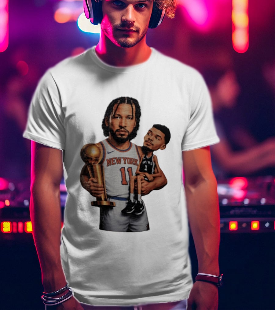 New York Knicks Jalen Brunson Embraces San Antonio Spurs Victor Wembanyama NBA Trophy T-Shirt