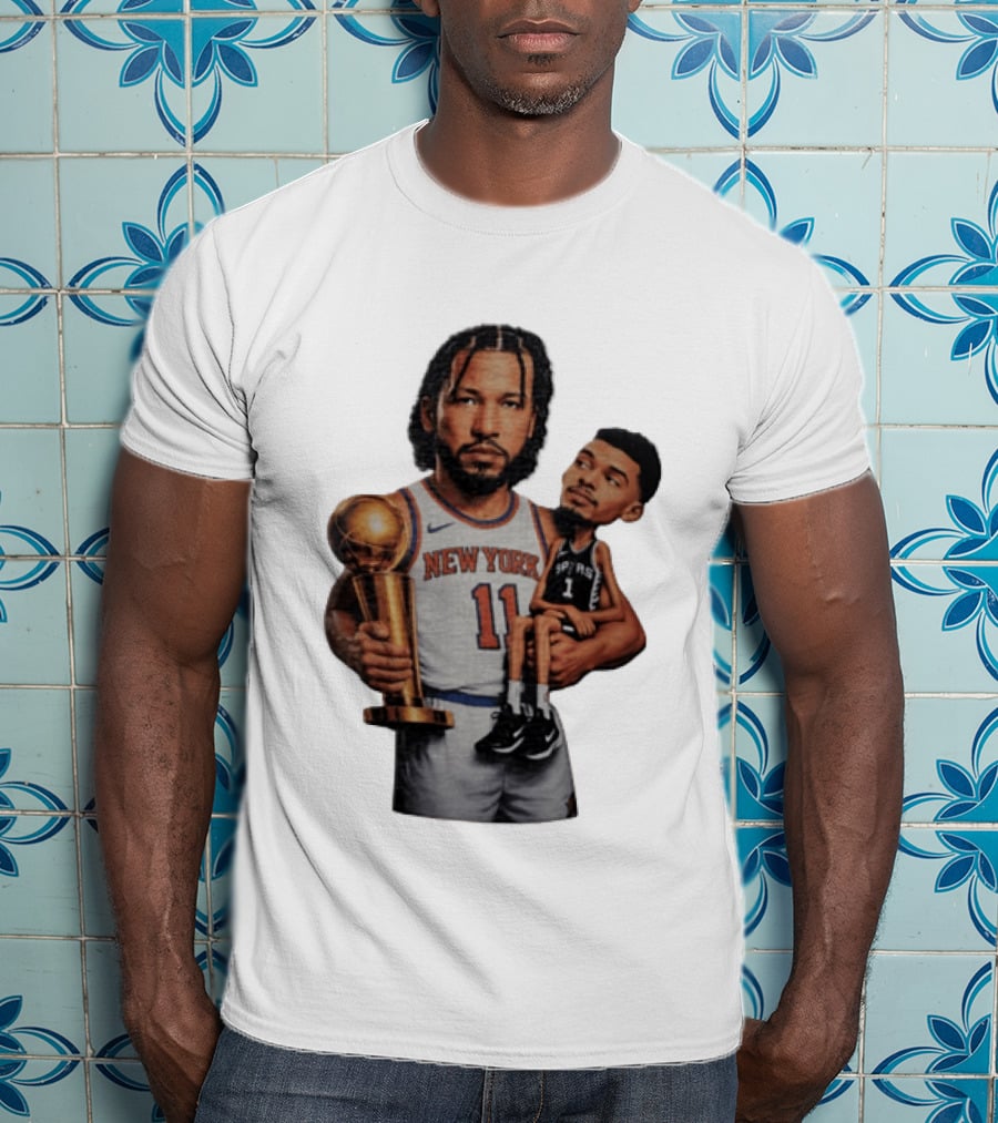 New York Knicks Jalen Brunson Embraces San Antonio Spurs Victor Wembanyama NBA Trophy T-Shirt