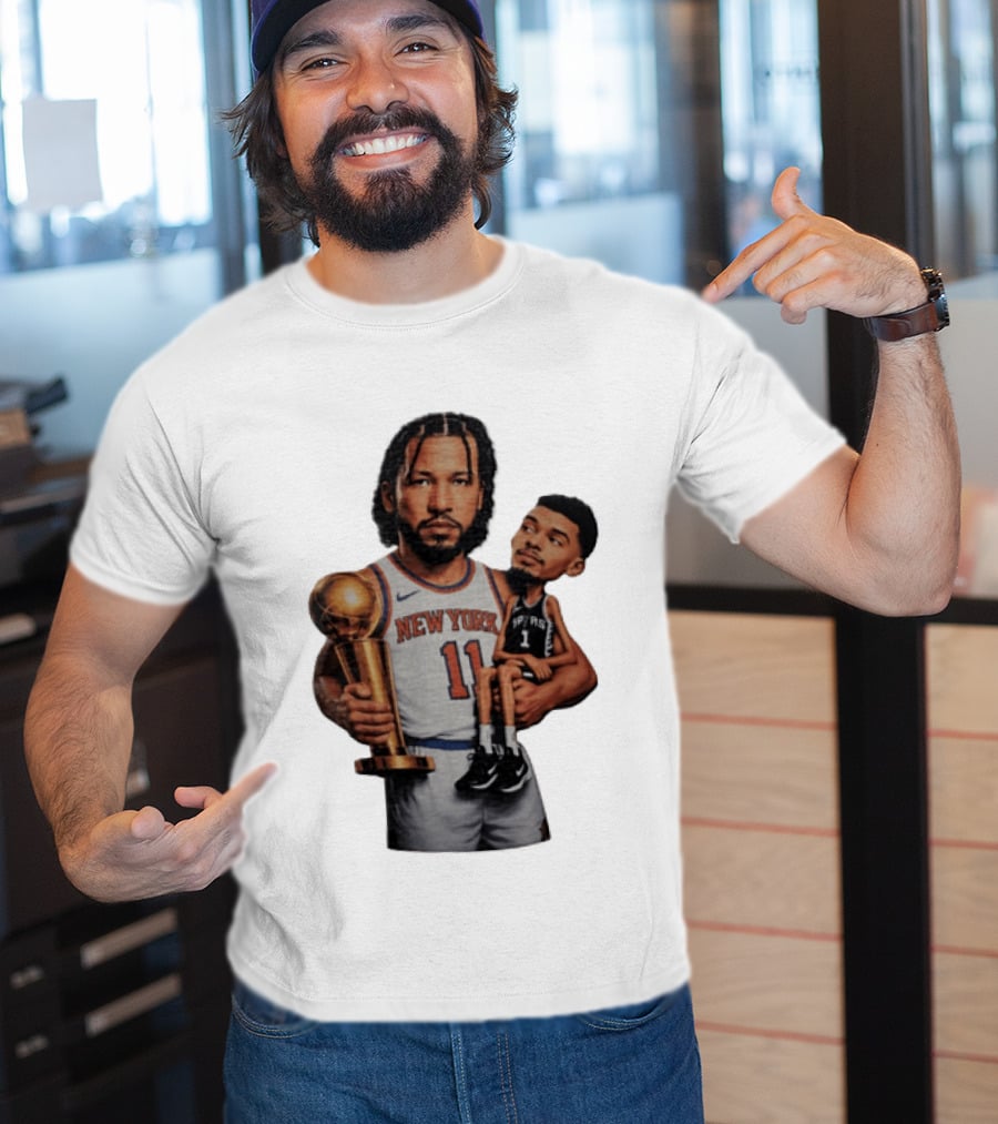 New York Knicks Jalen Brunson Embraces San Antonio Spurs Victor Wembanyama NBA Trophy T-Shirt