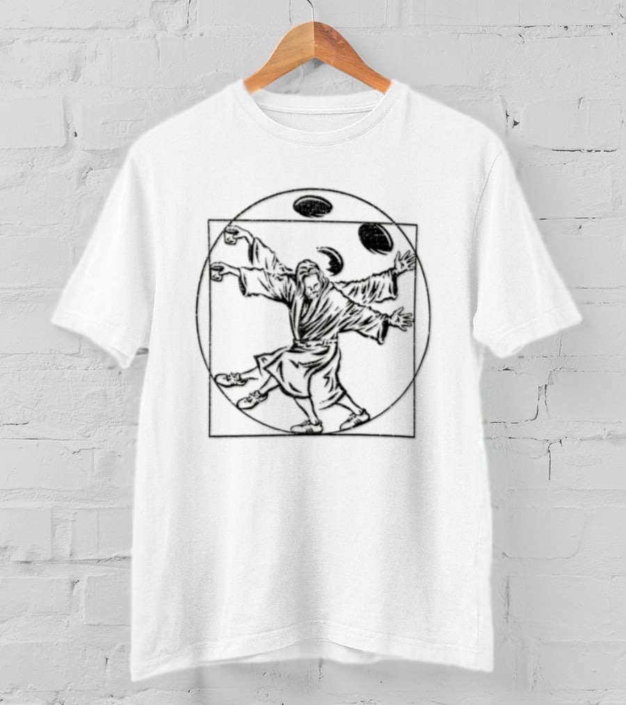 Jesus Christ Vitruvian Man Juggling Coffee And Whiskey Beans T-Shirt