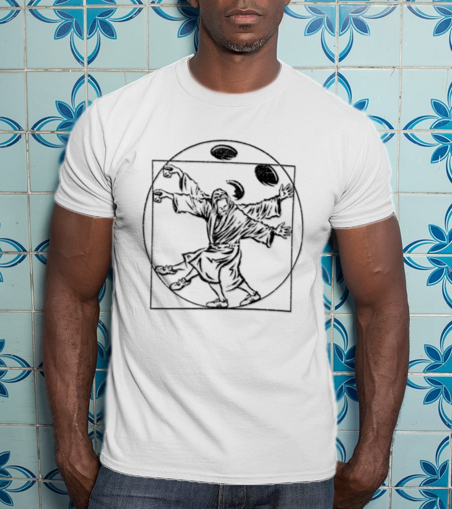 Jesus Christ Vitruvian Man Juggling Coffee And Whiskey Beans T-Shirt