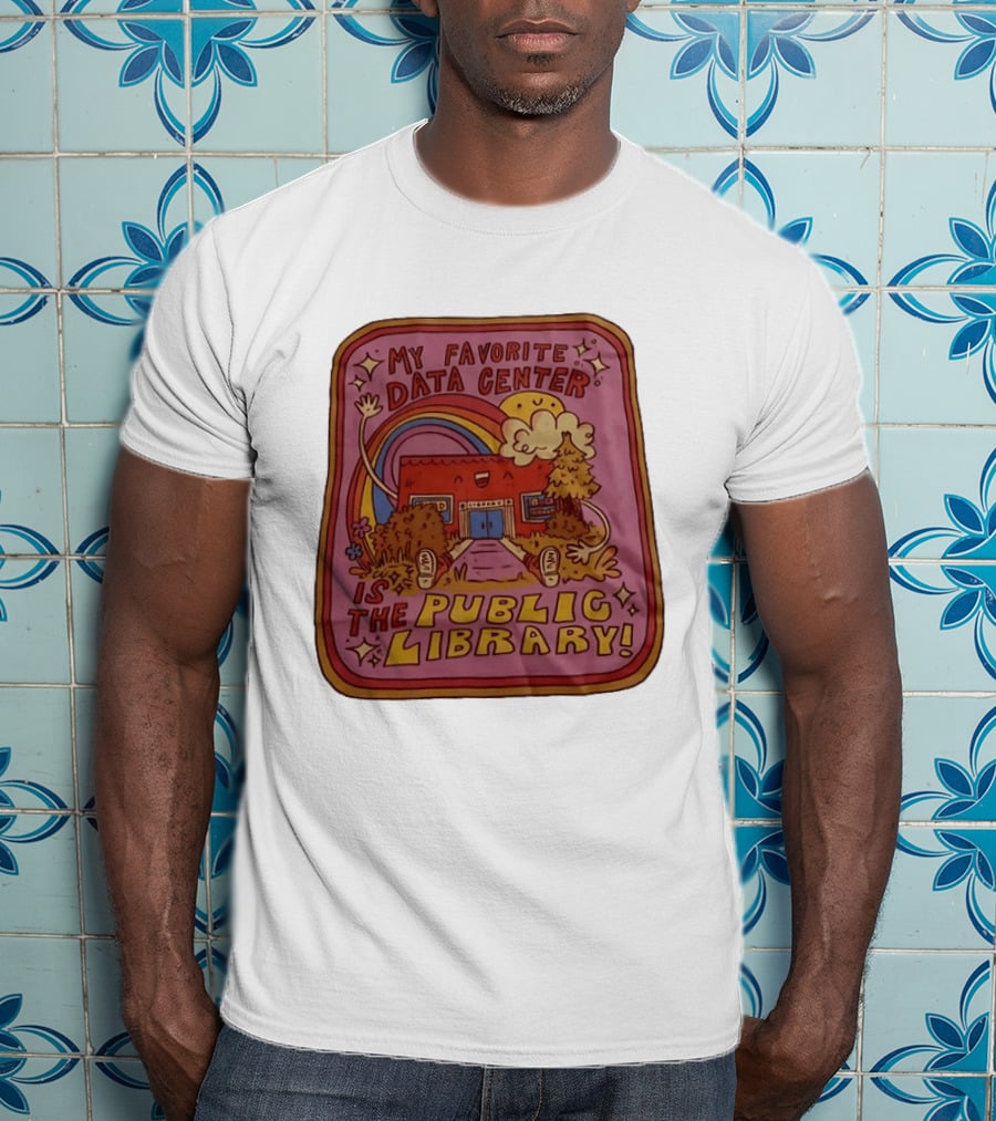 My Favorite Data Center Is The Public Library Rainbow Cartoon Library Scene T-Shirt