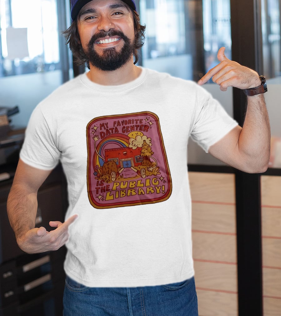 My Favorite Data Center Is The Public Library Rainbow Cartoon Library Scene T-Shirt