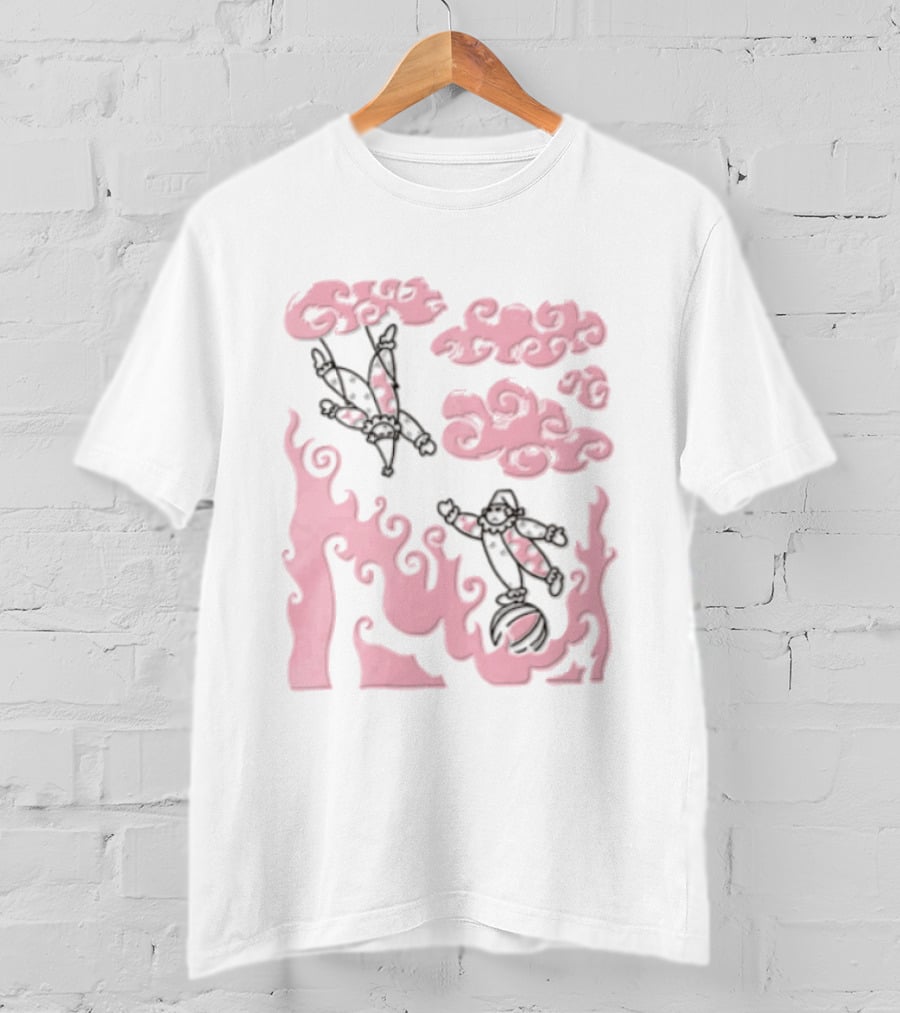 Pink Pastel Cartoon Circus Clowns Trapeze Ball Clouds Flames T-Shirt