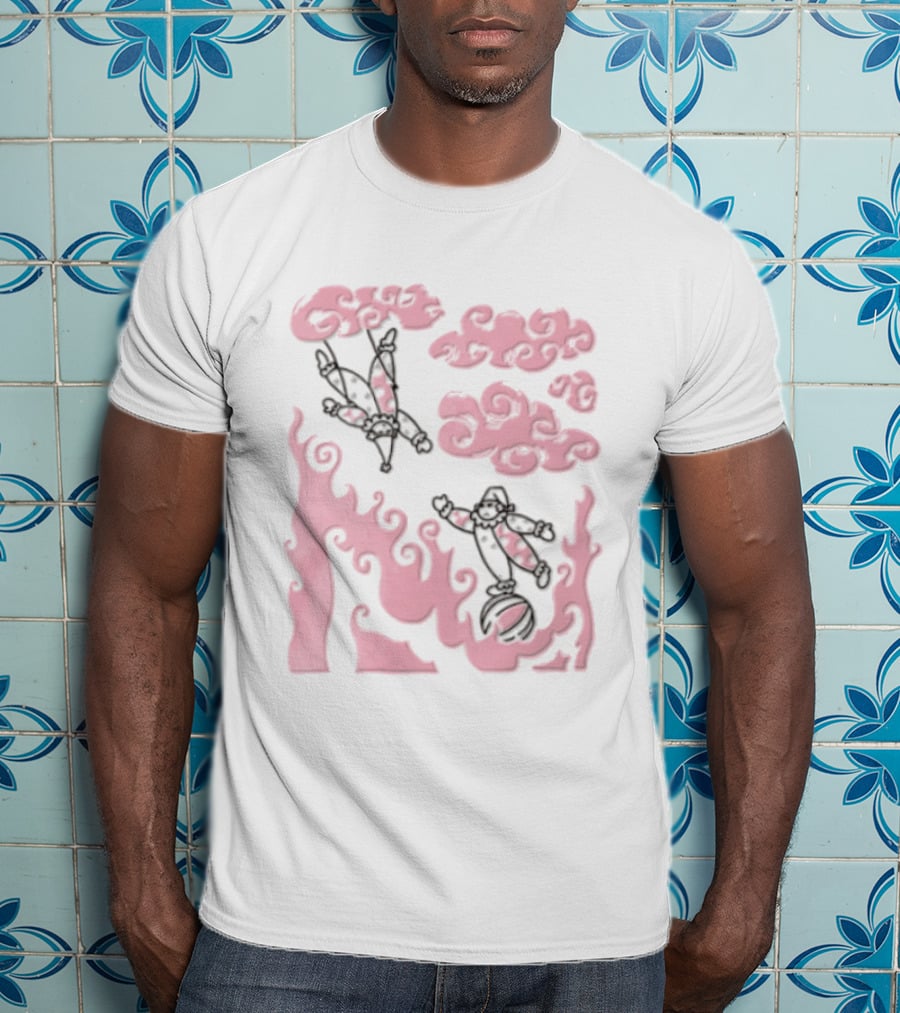 Pink Pastel Cartoon Circus Clowns Trapeze Ball Clouds Flames T-Shirt