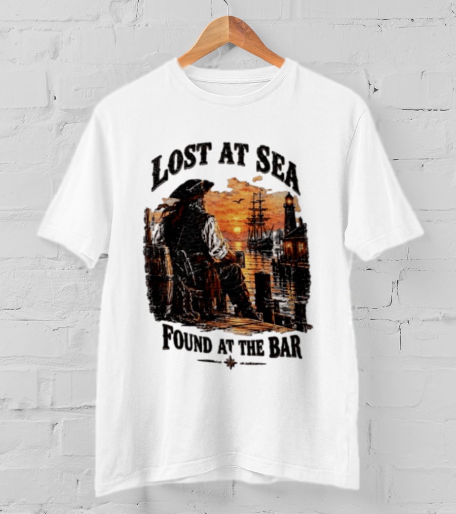 Lost At Sea Found At The Bar Pirate Sunset Tavern Lighthouse Nautical Adventure T-Shirt