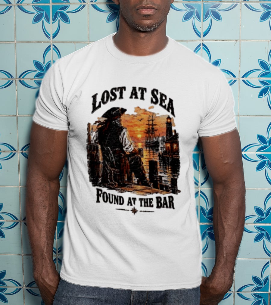 Lost At Sea Found At The Bar Pirate Sunset Tavern Lighthouse Nautical Adventure T-Shirt