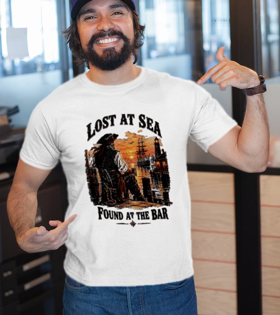Lost At Sea Found At The Bar Pirate Sunset Tavern Lighthouse Nautical Adventure T-Shirt