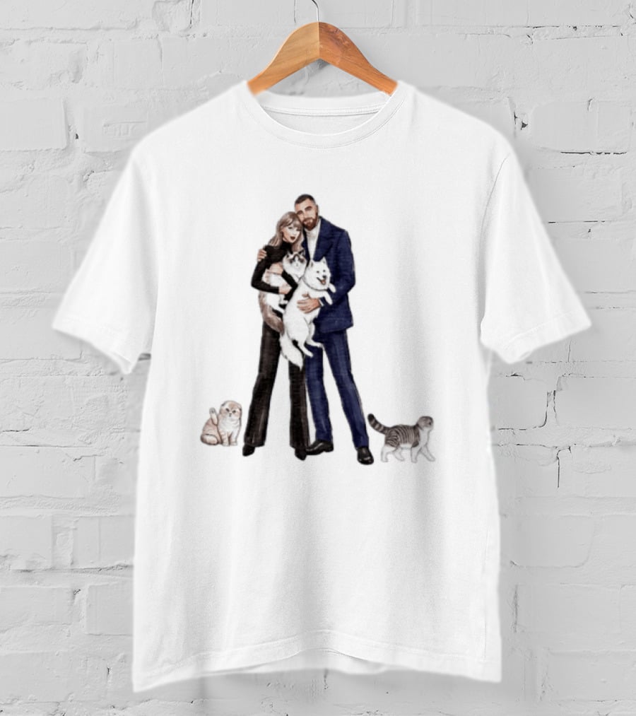 Kansas City Chiefs Couple Taylor Travis Kelce With Cats And Dog T-Shirt