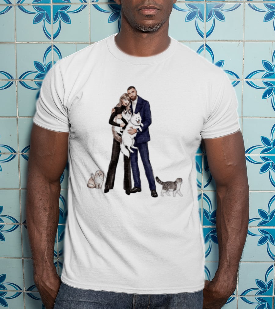 Kansas City Chiefs Couple Taylor Travis Kelce With Cats And Dog T-Shirt