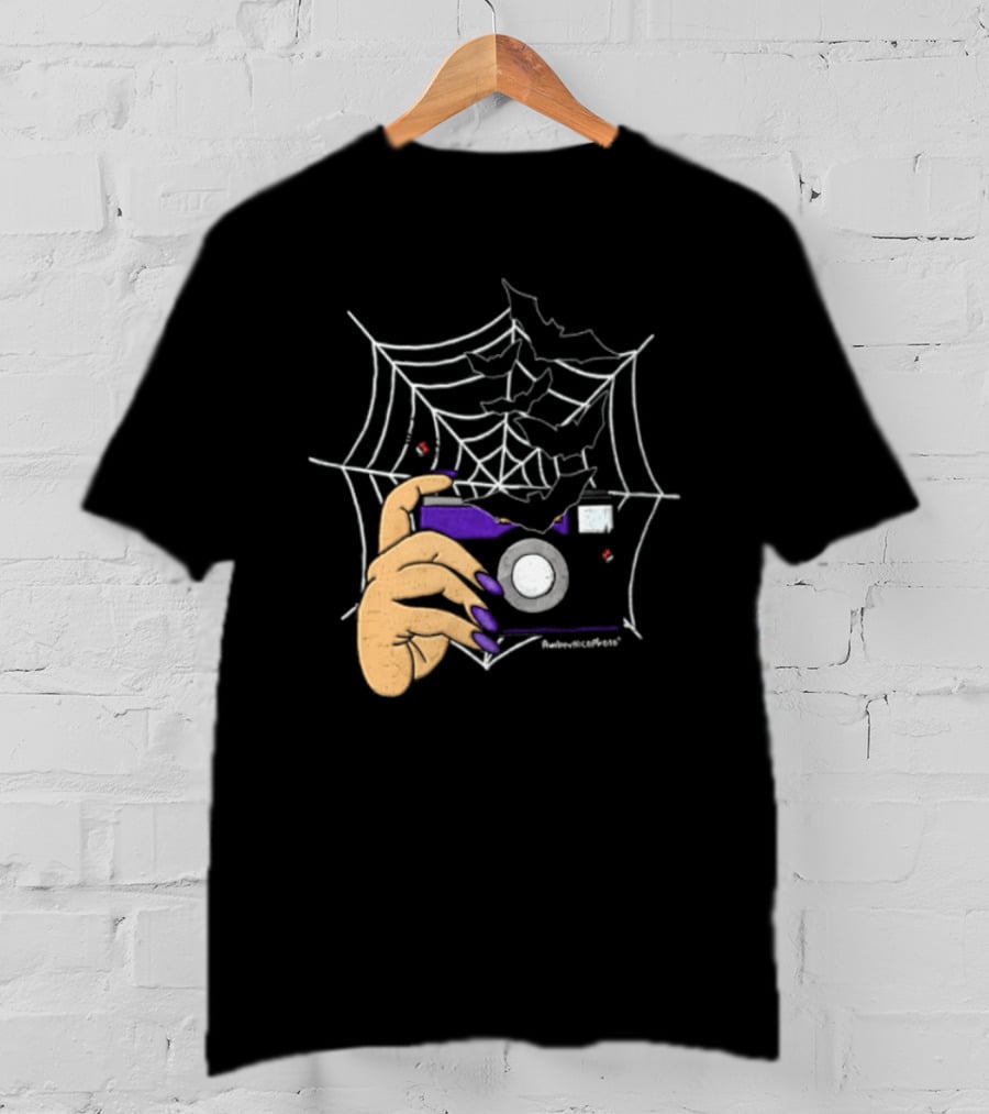 AmberNicoPhoto Camera With Bats And Spider Web Halloween T-Shirt
