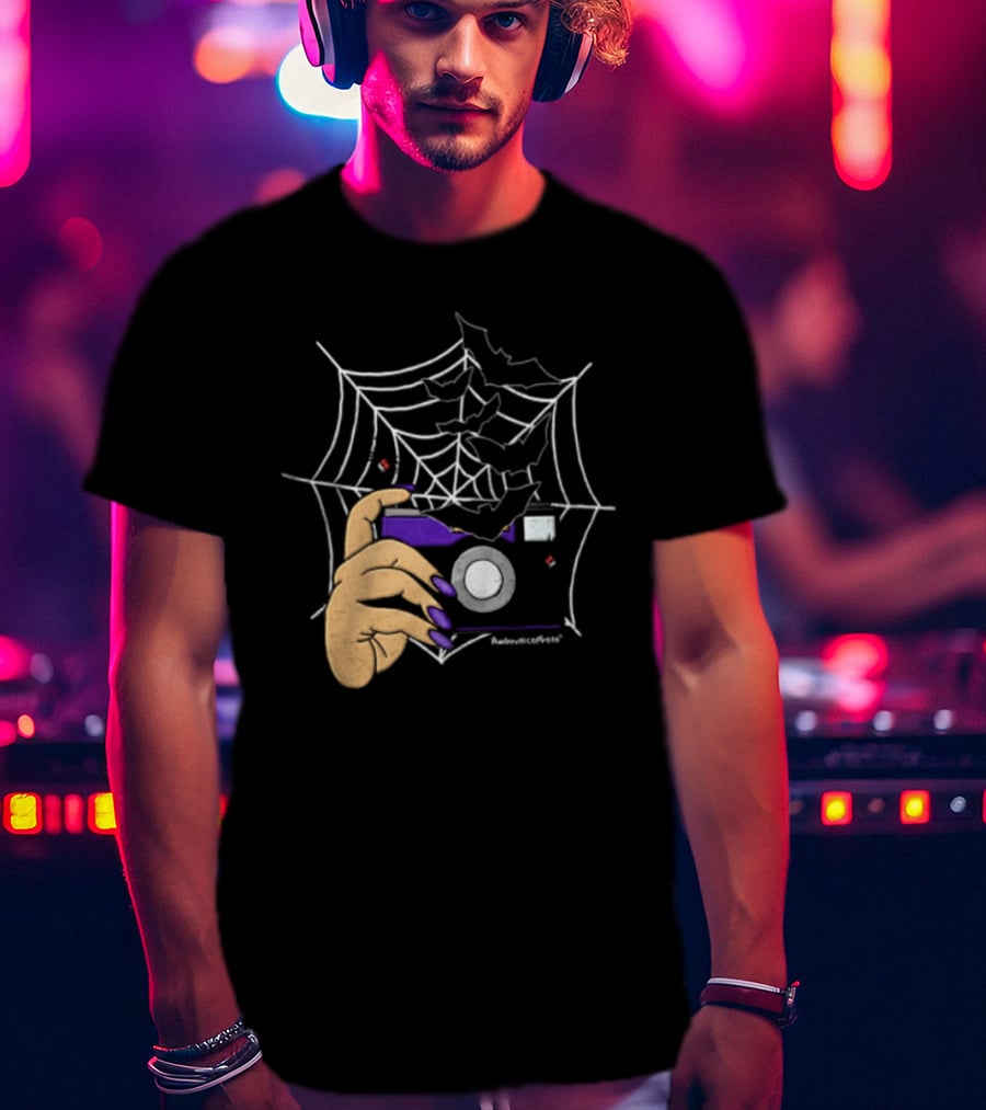 AmberNicoPhoto Camera With Bats And Spider Web Halloween T-Shirt