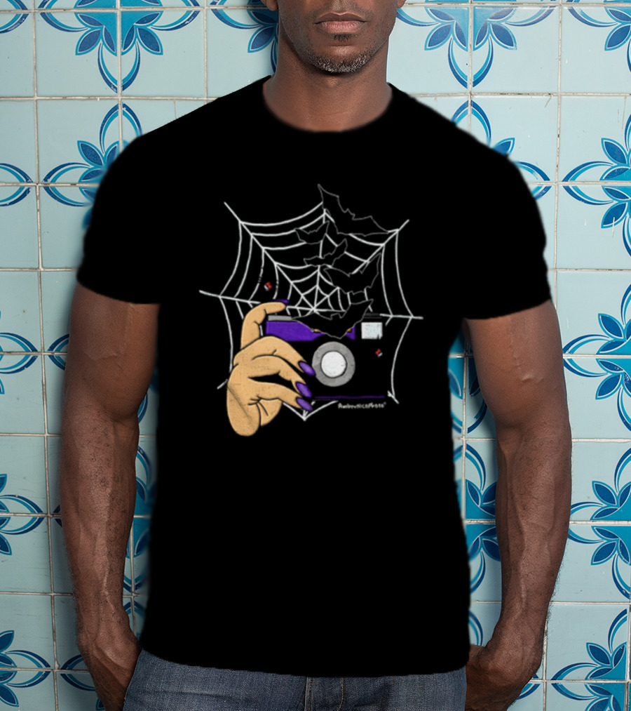 AmberNicoPhoto Camera With Bats And Spider Web Halloween T-Shirt