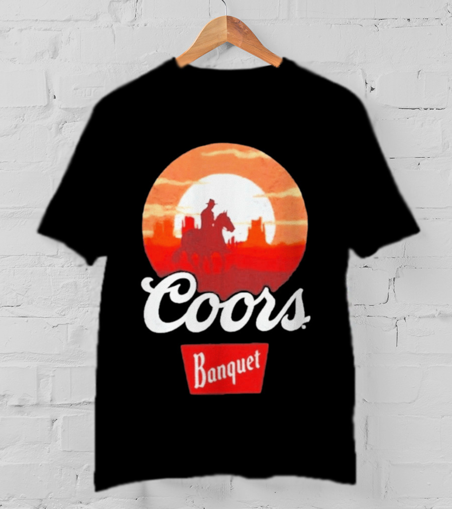 Coors Banquet Cowboy Horseback Riding At Sunset Western Scene T-Shirt