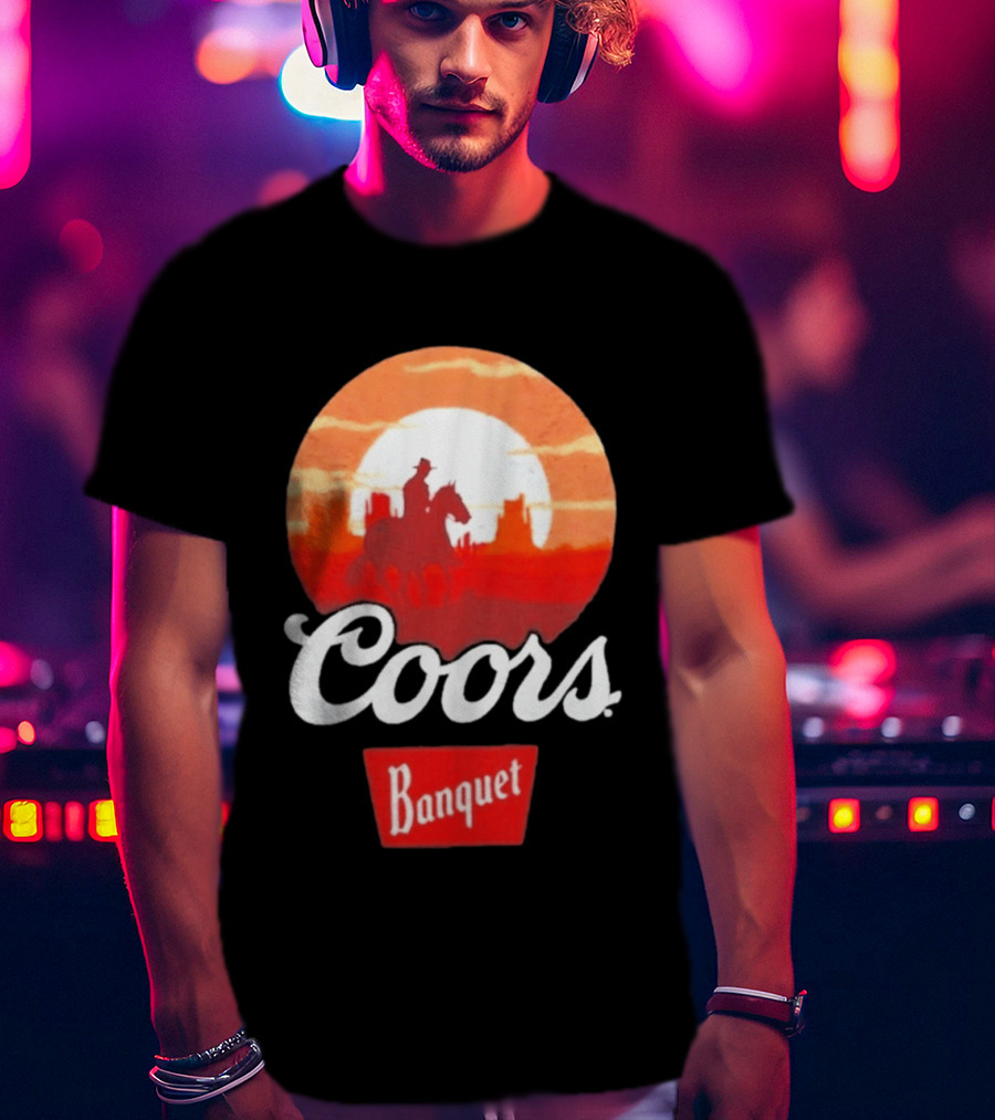 Coors Banquet Cowboy Horseback Riding At Sunset Western Scene T-Shirt