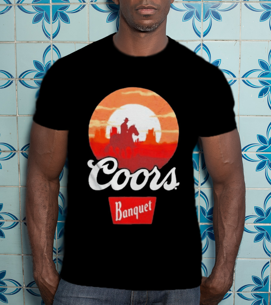 Coors Banquet Cowboy Horseback Riding At Sunset Western Scene T-Shirt