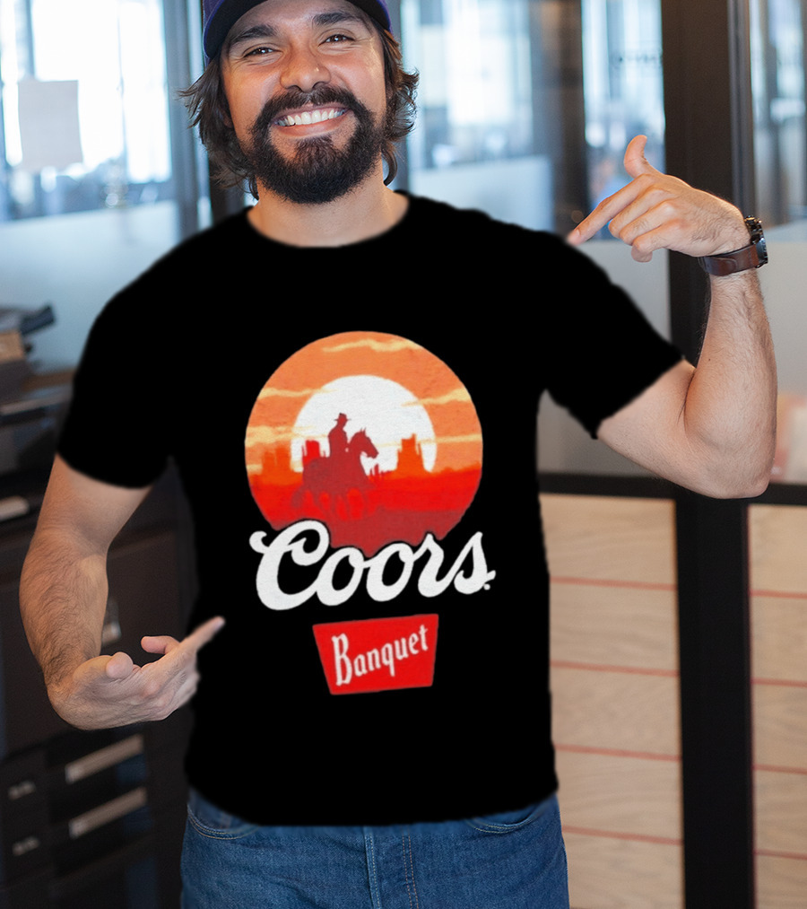 Coors Banquet Cowboy Horseback Riding At Sunset Western Scene T-Shirt