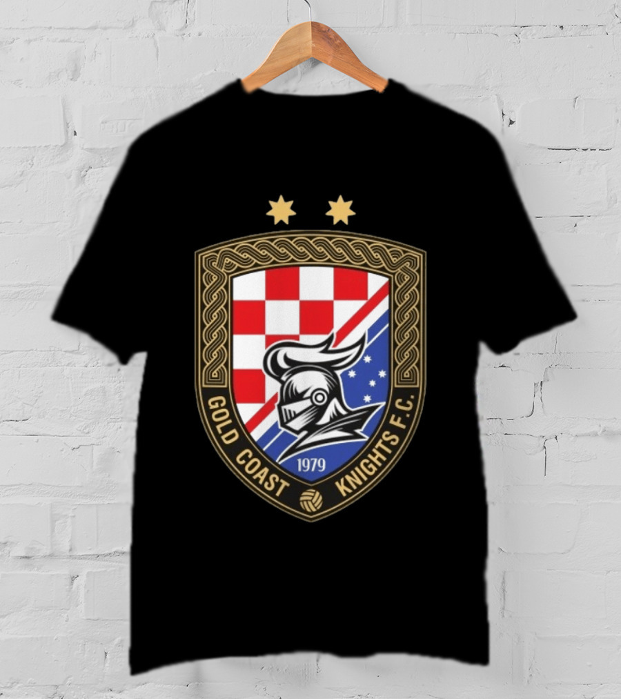 Gold Coast Knights F.C. 1979 Crest With Chessboard Pattern And Knight Helmet T-Shirt