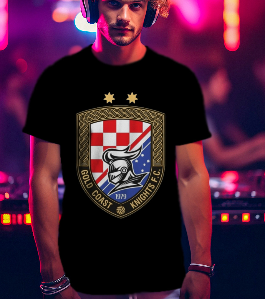 Gold Coast Knights F.C. 1979 Crest With Chessboard Pattern And Knight Helmet T-Shirt
