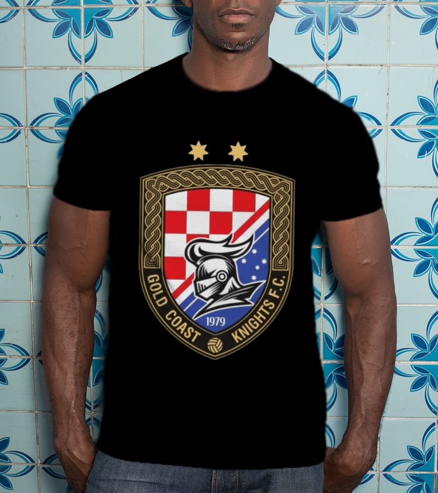 Gold Coast Knights F.C. 1979 Crest With Chessboard Pattern And Knight Helmet T-Shirt