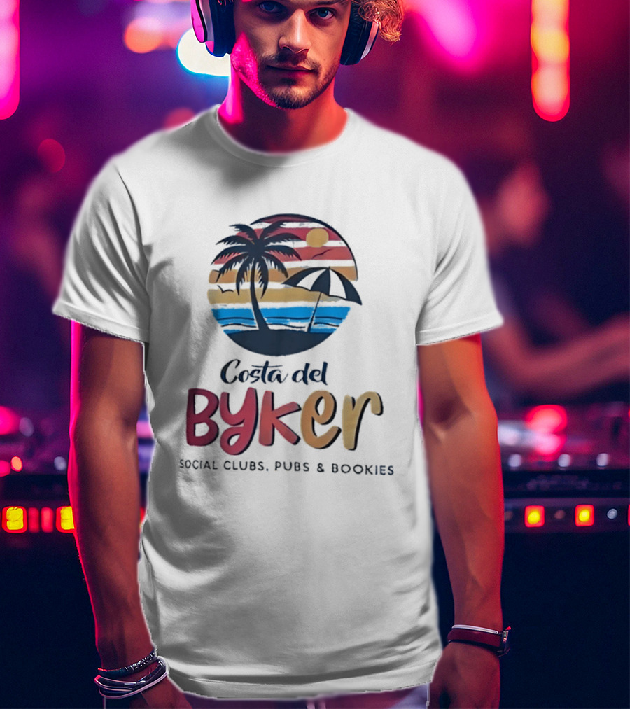 Costa Del Byker Social Clubs Pubs Bookies Palm Tree Sunset Beach Umbrella T-Shirt