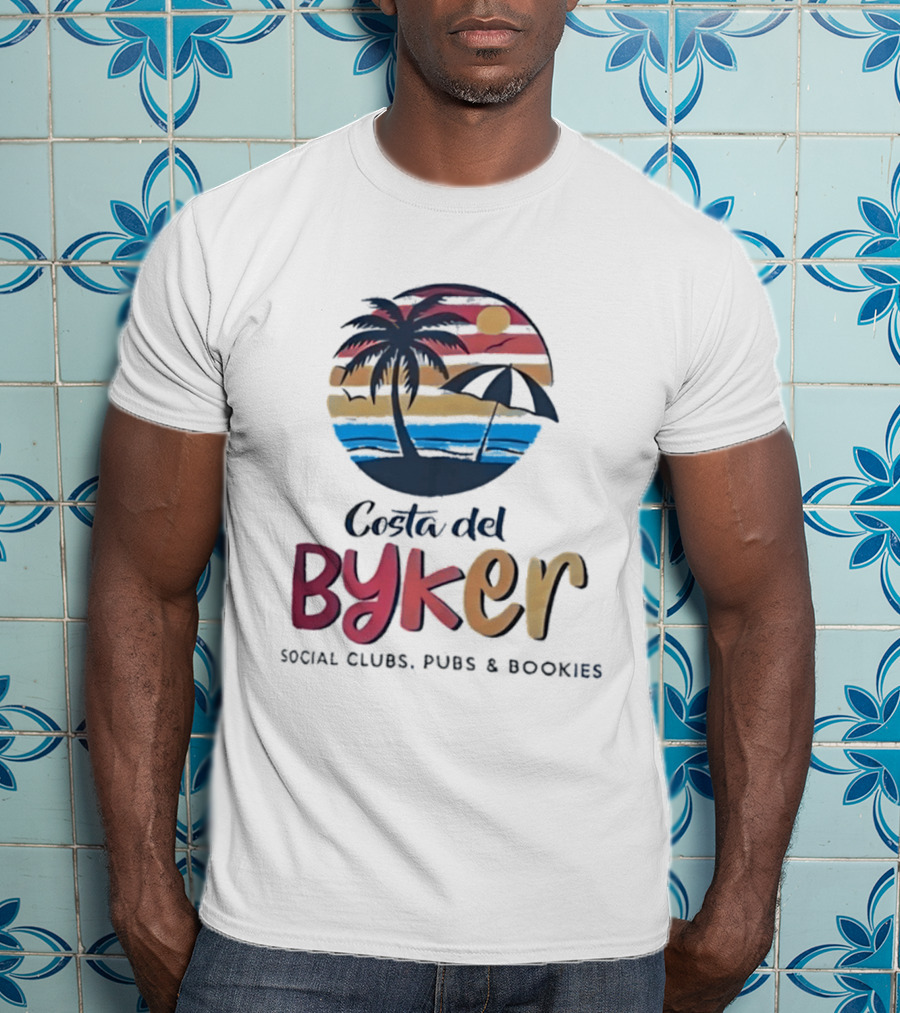 Costa Del Byker Social Clubs Pubs Bookies Palm Tree Sunset Beach Umbrella T-Shirt