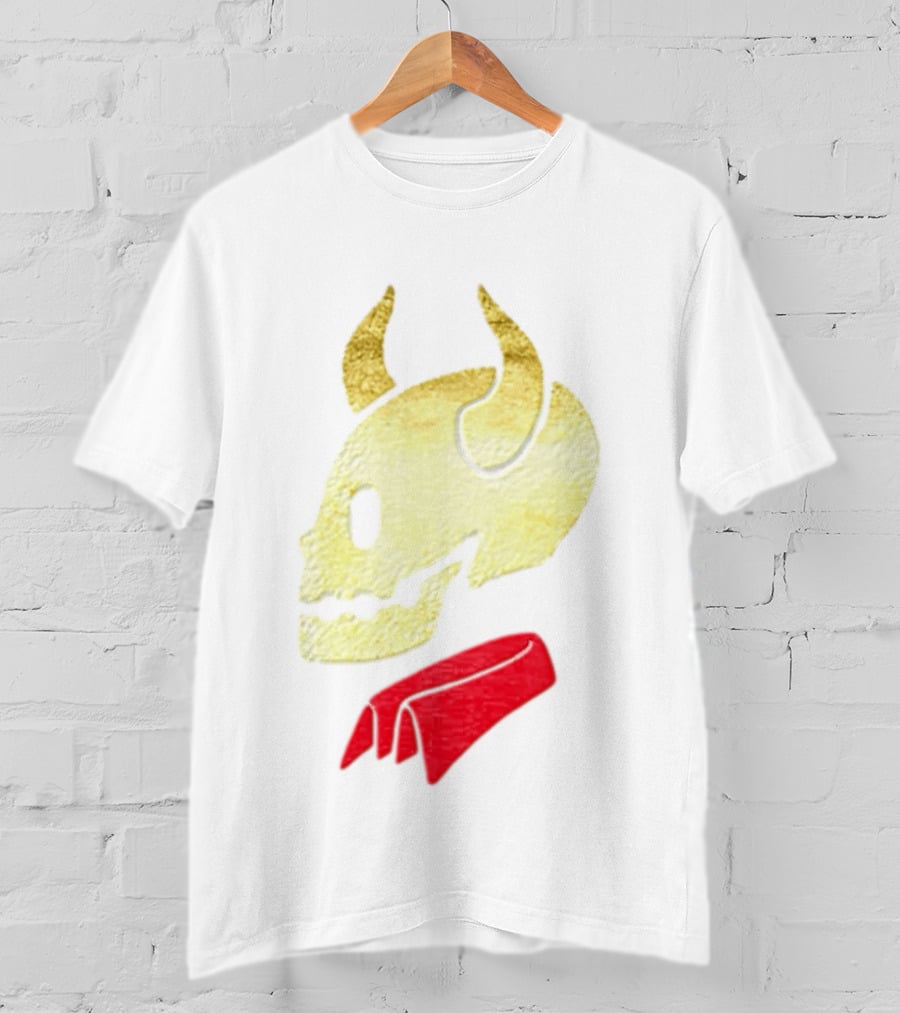Devil Horn Skull Red Collar Gold Glitter T-Shirt