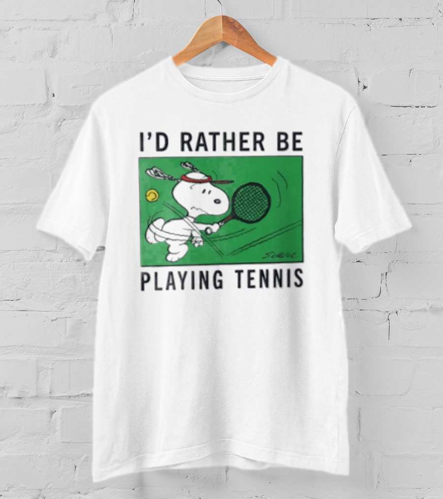 I'd Rather Be Playing Tennis Peanuts Snoopy Racquet Cartoon Green Court Schulz T-Shirt
