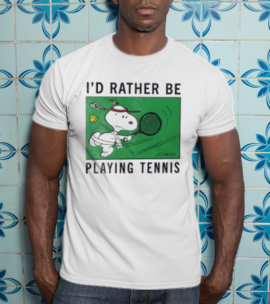 I'd Rather Be Playing Tennis Peanuts Snoopy Racquet Cartoon Green Court Schulz T-Shirt