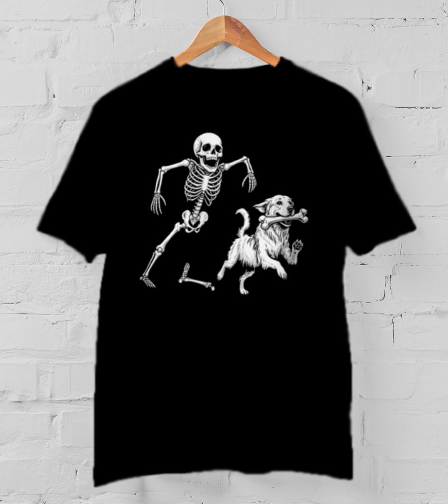 Skeleton Chasing Golden Retriever With Leg Bone T-Shirt