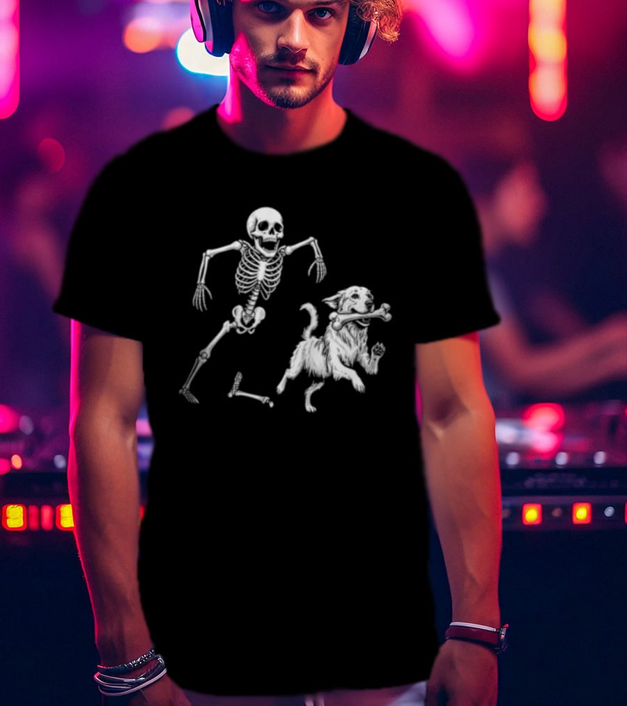 Skeleton Chasing Golden Retriever With Leg Bone T-Shirt