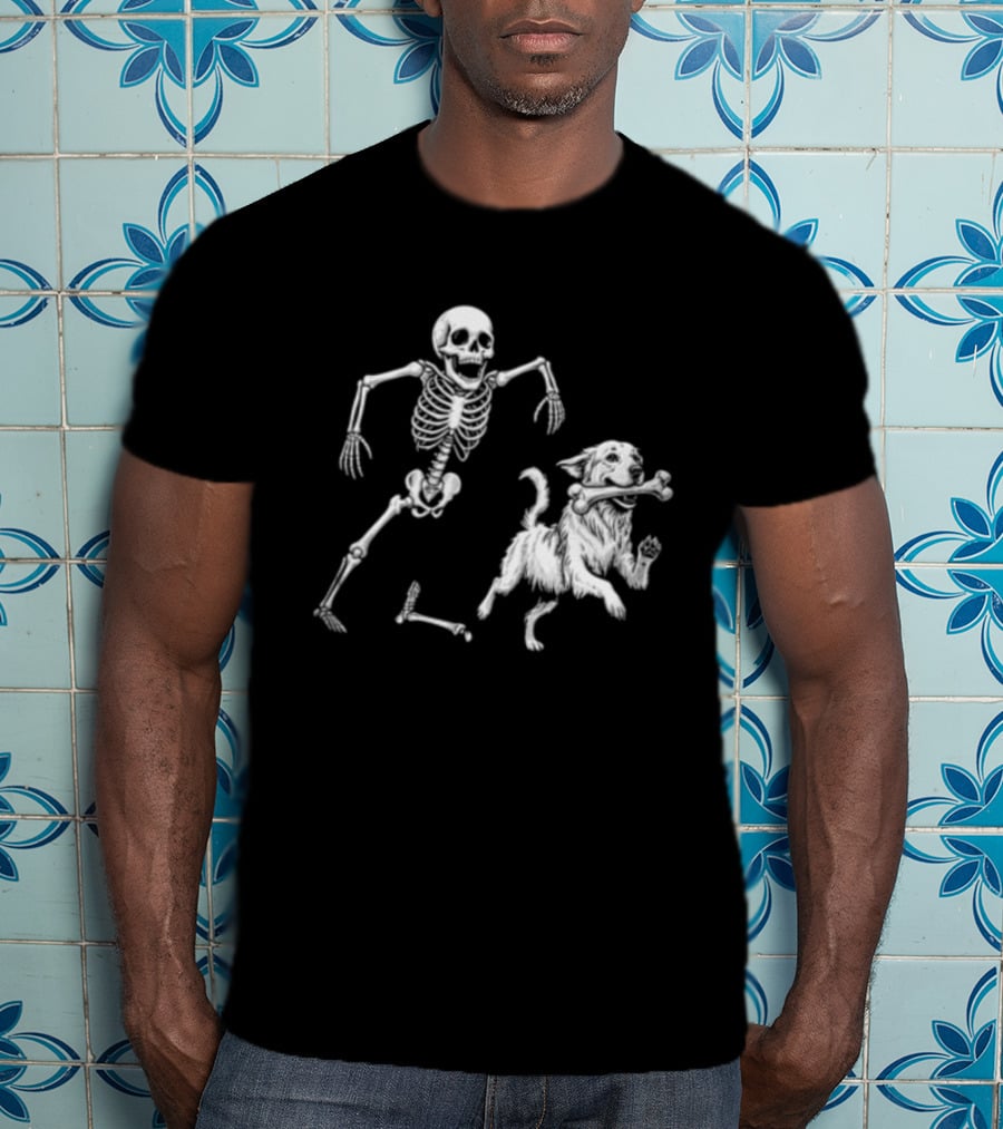 Skeleton Chasing Golden Retriever With Leg Bone T-Shirt