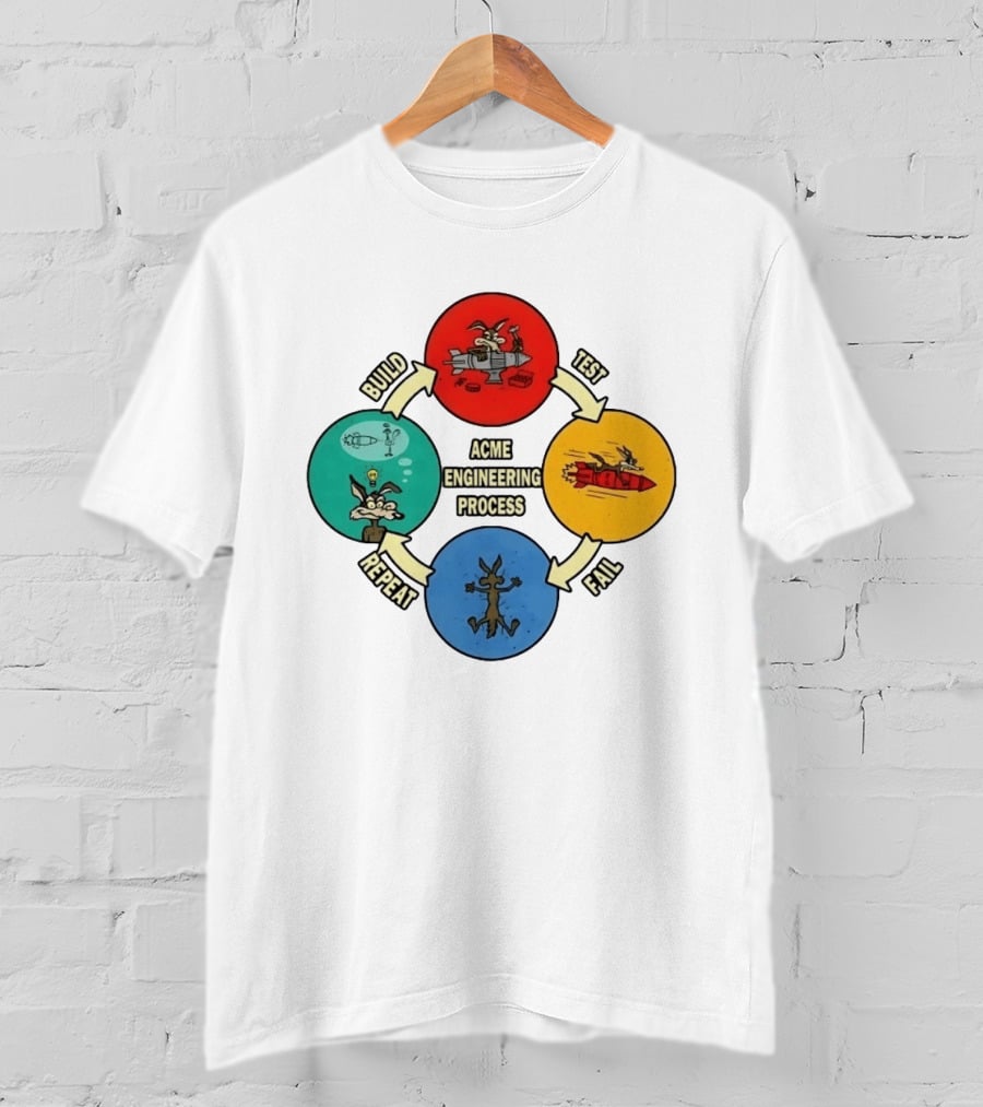 Wile E Coyote Acme Engineering Process Build Test Fail Repeat Cycle T-Shirt