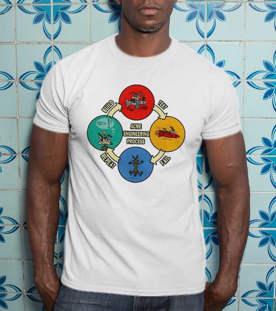 Wile E Coyote Acme Engineering Process Build Test Fail Repeat Cycle T-Shirt