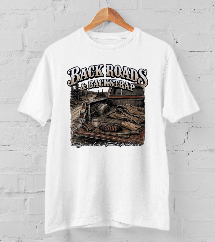 Back Roads & Backstrap Shield Republic Hunting Truck Scene T-Shirt