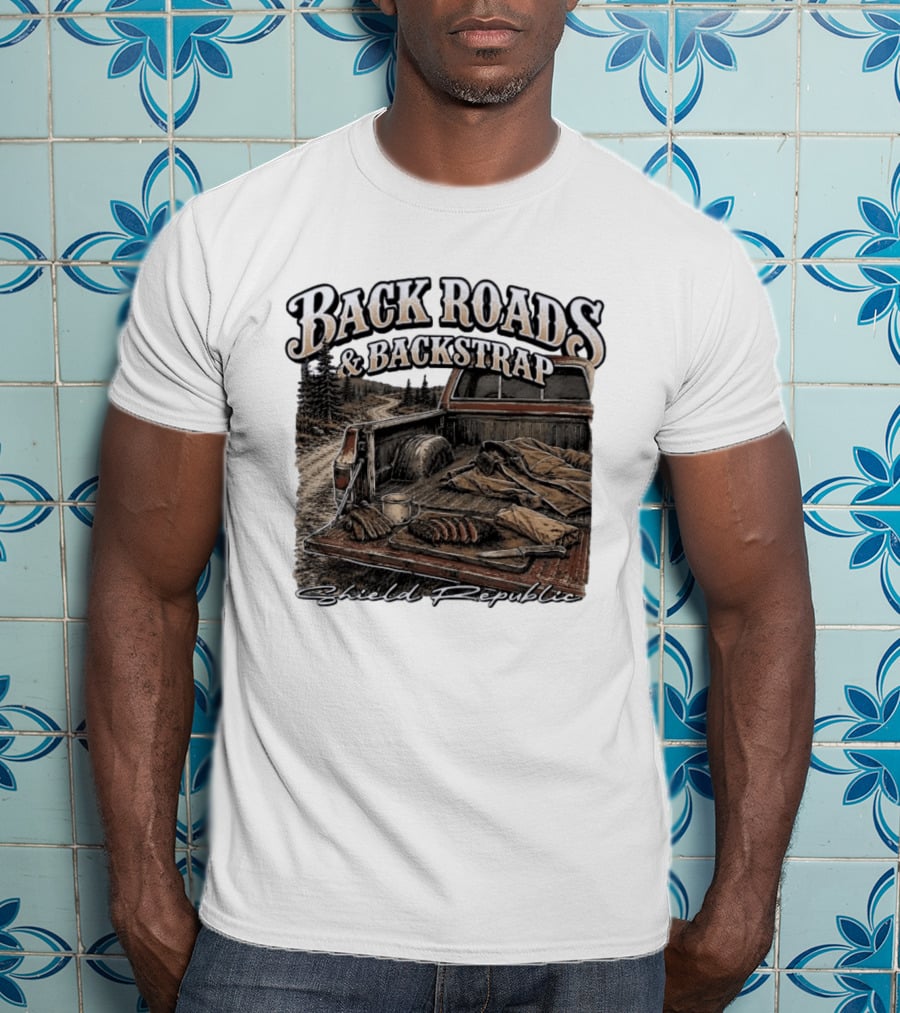 Back Roads & Backstrap Shield Republic Hunting Truck Scene T-Shirt
