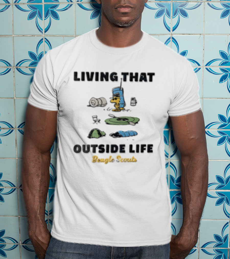 Living That Outside Life Beagle Scouts Woodstock Camping Est 1974 Distressed Cartoon T-Shirt