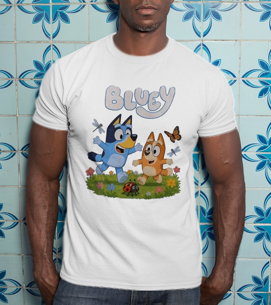 Bluey And Friends Playing With Bugs And Butterflies In The Meadow T-Shirt
