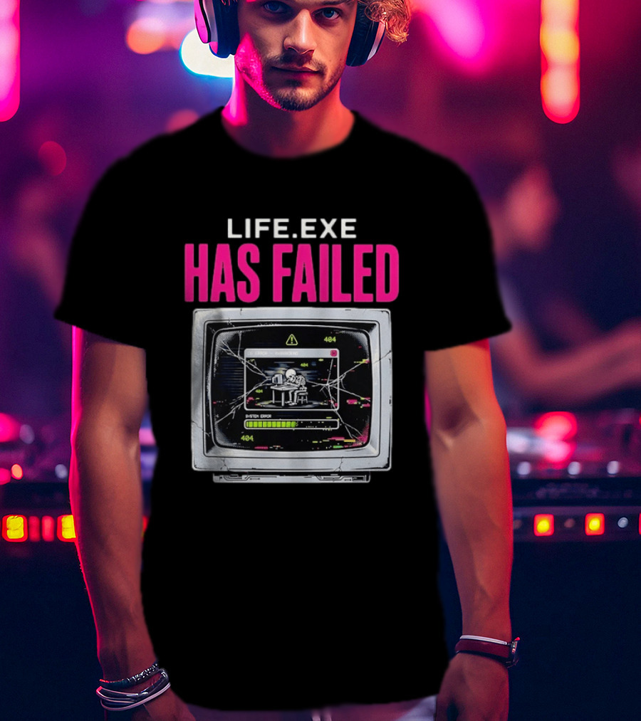 Lifeexe Has Failed System Error 404 Skeleton Computer Retro Monitor T-Shirt