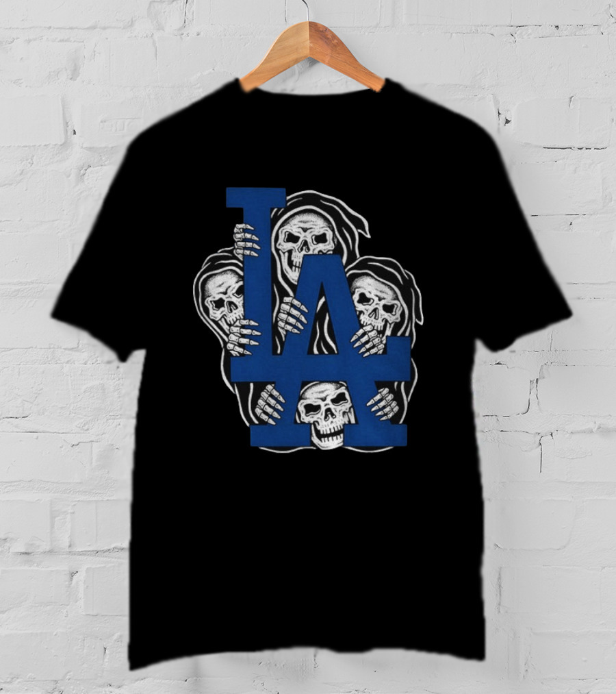Skeletons Behind LA Dodgers Blue T-Shirt
