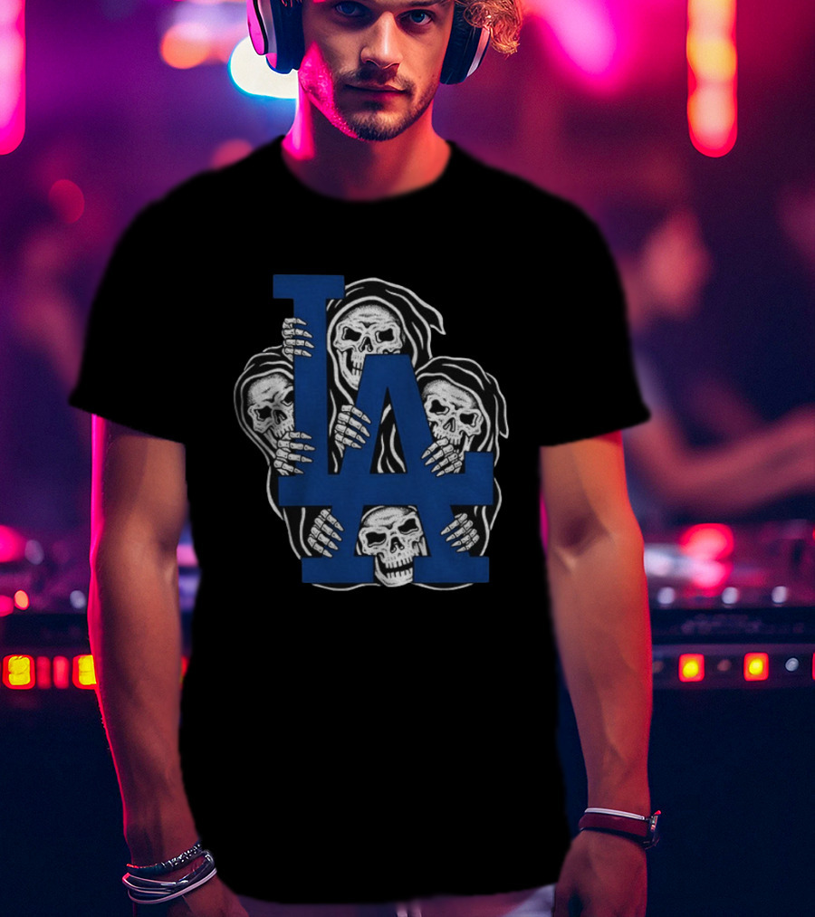 Skeletons Behind LA Dodgers Blue T-Shirt