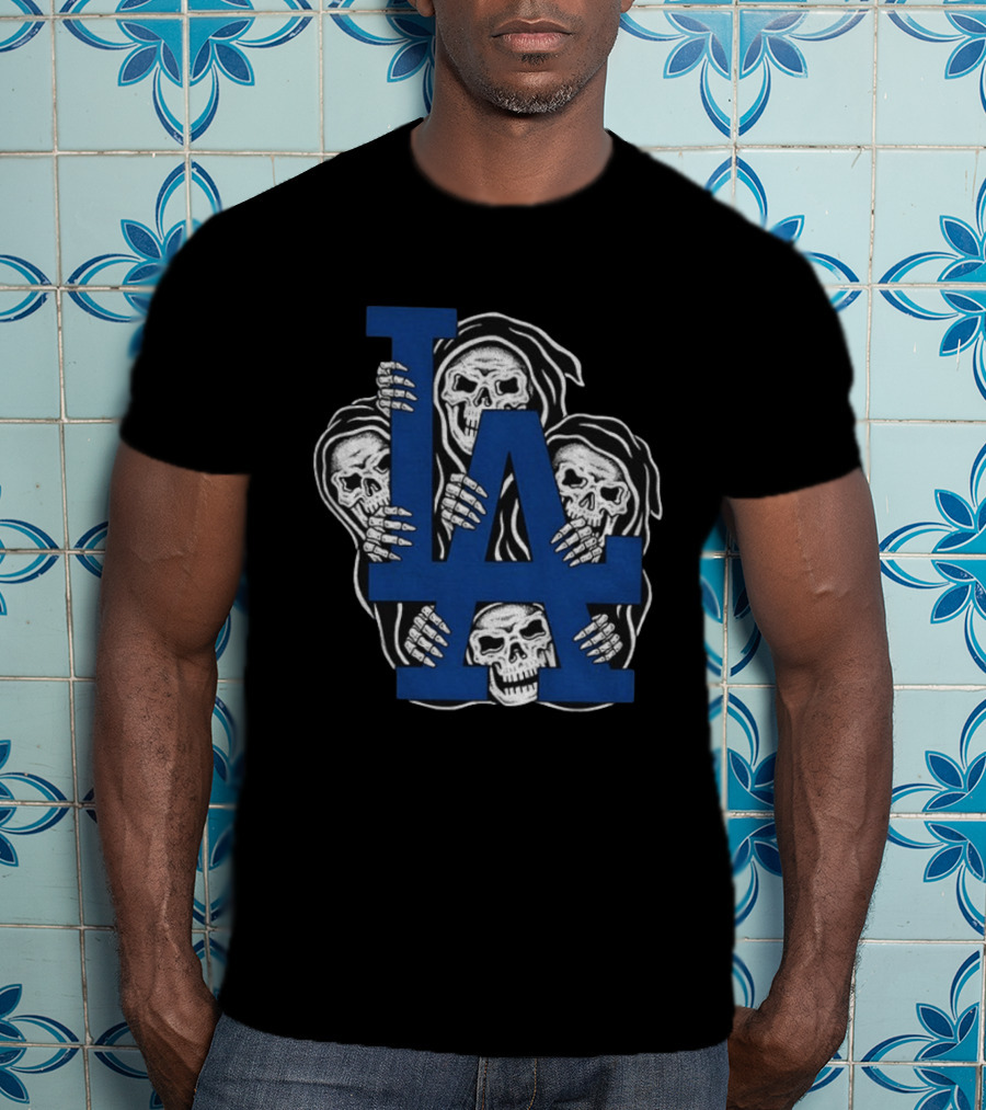 Skeletons Behind LA Dodgers Blue T-Shirt