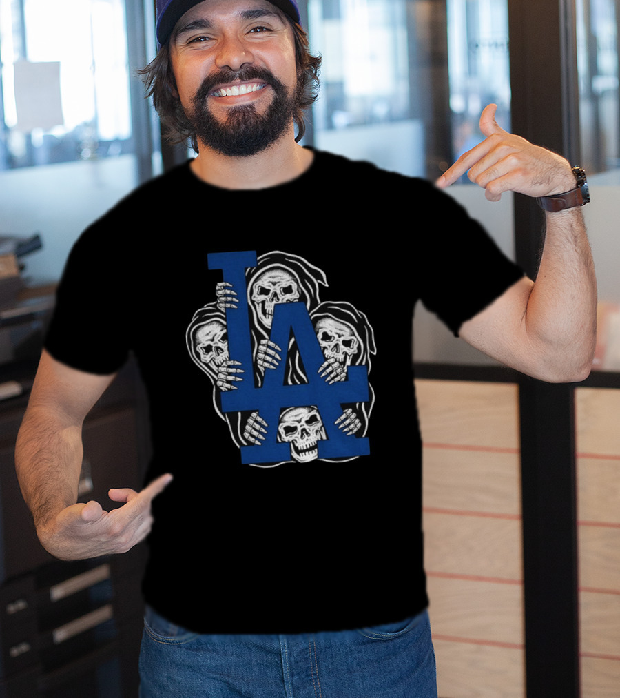 Skeletons Behind LA Dodgers Blue T-Shirt