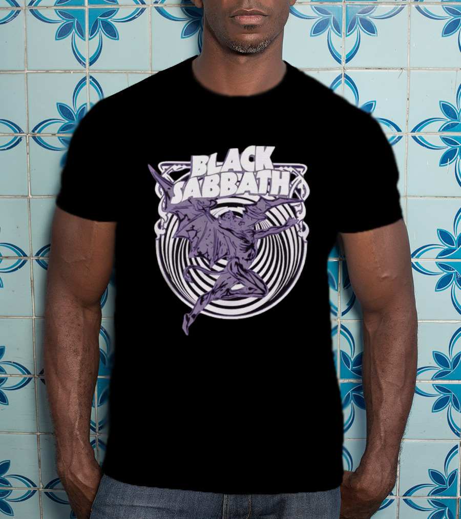 Black Sabbath Flying Devil With Striped Background Iconic Heavy Metal T-Shirt