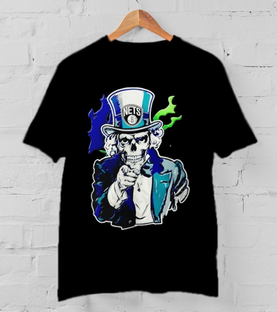 Brooklyn Nets Skeleton Uncle Sam Top Hat Pointing Stripes T-Shirt