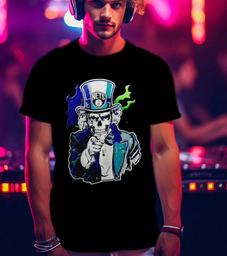 Brooklyn Nets Skeleton Uncle Sam Top Hat Pointing Stripes T-Shirt