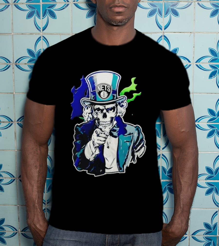Brooklyn Nets Skeleton Uncle Sam Top Hat Pointing Stripes T-Shirt