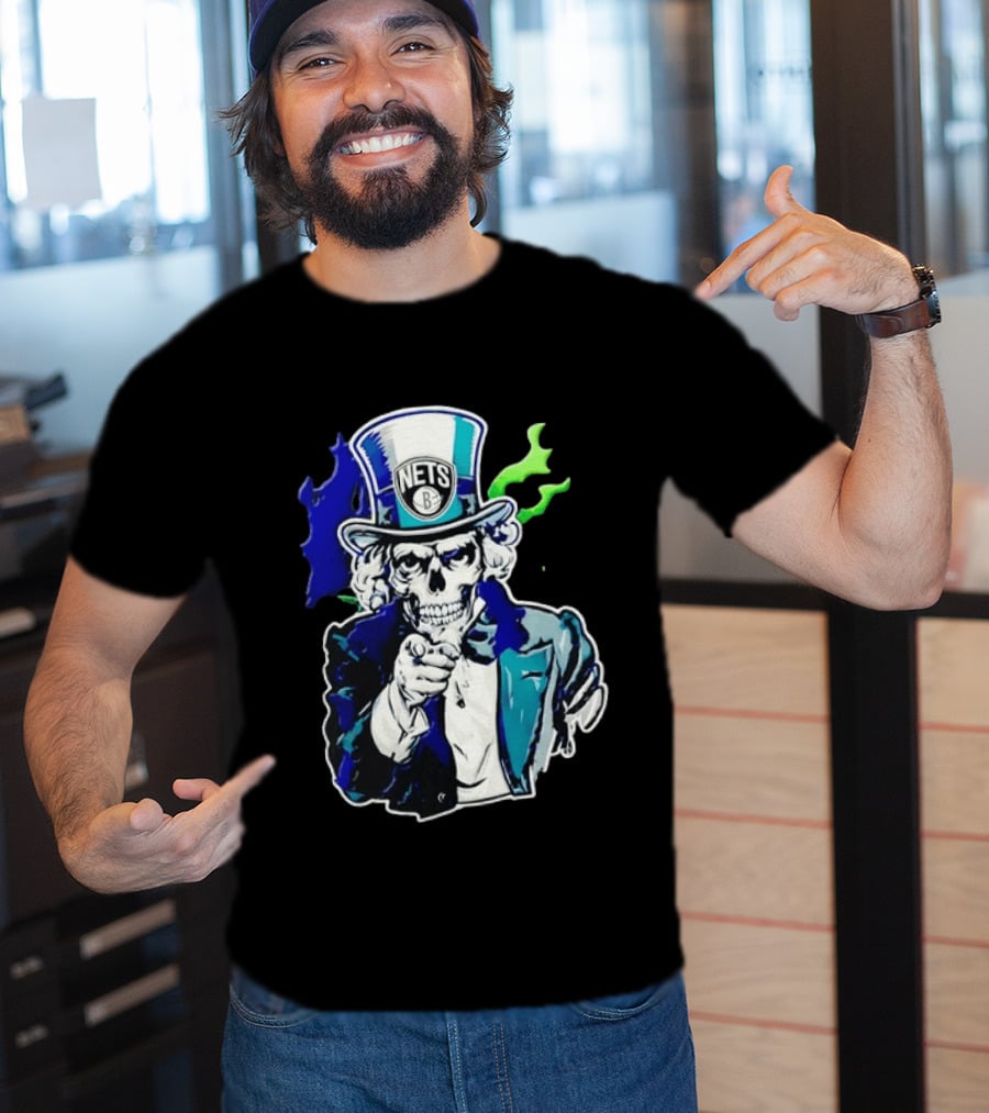Brooklyn Nets Skeleton Uncle Sam Top Hat Pointing Stripes T-Shirt