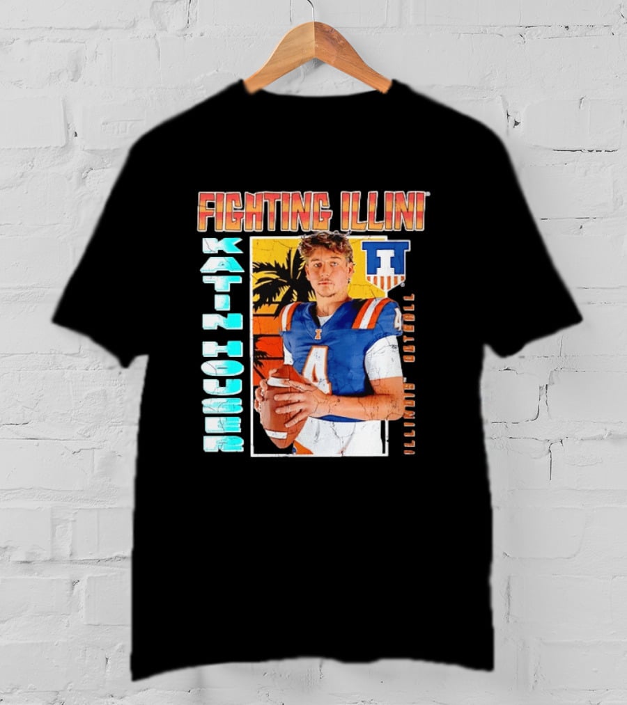 Fighting Illini Katin Houser Illinois Football Distressed Palm Tree T-Shirt