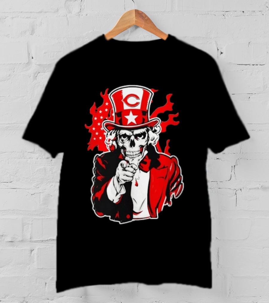Cincinnati Reds Skeleton Uncle Sam Pointing US Flag Flames T-Shirt